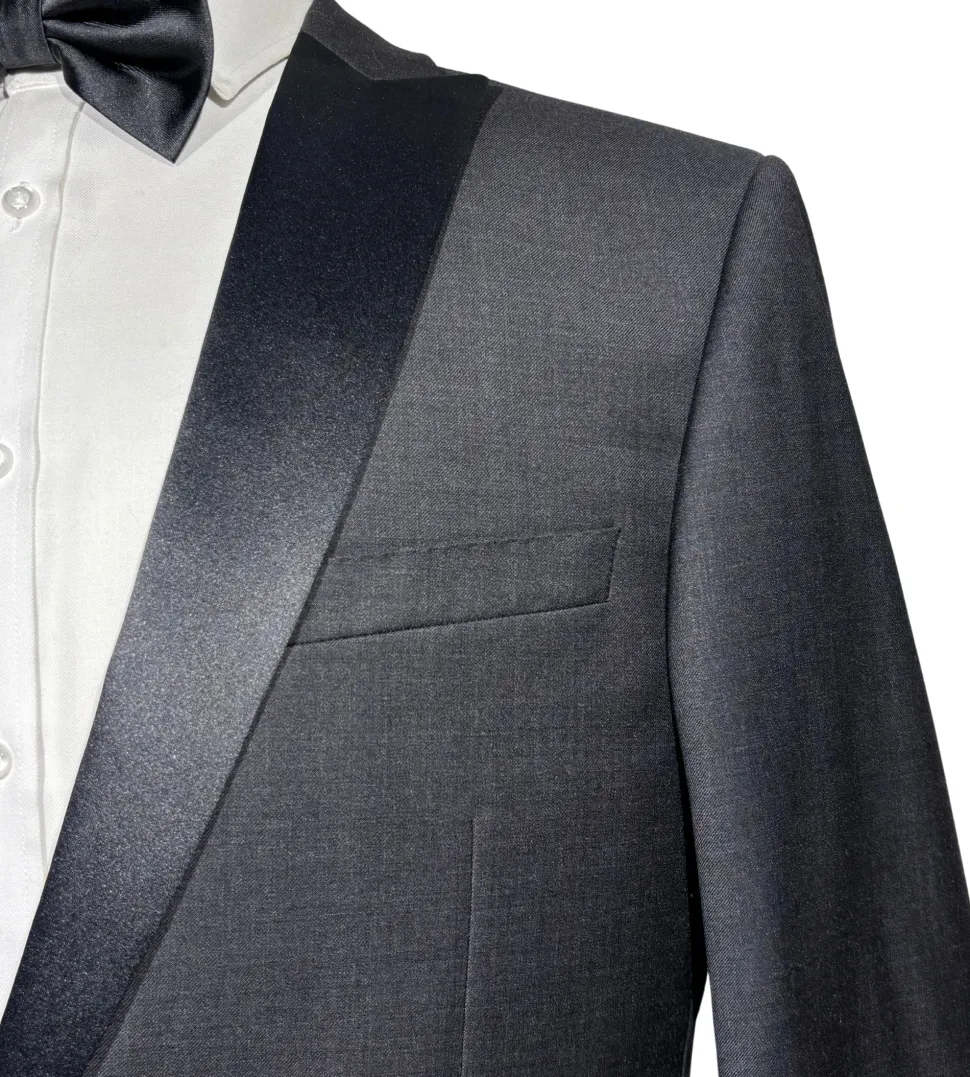 Napoli Mens Charcoal Textured Peak Lapel Classic Fit 1-Button Wool Cashmere Tuxedo with Ticket Pocket - 42S