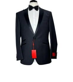 Napoli Mens Charcoal Textured Peak Lapel Classic Fit 1-Button Wool Cashmere Tuxedo with Ticket Pocket - 42S