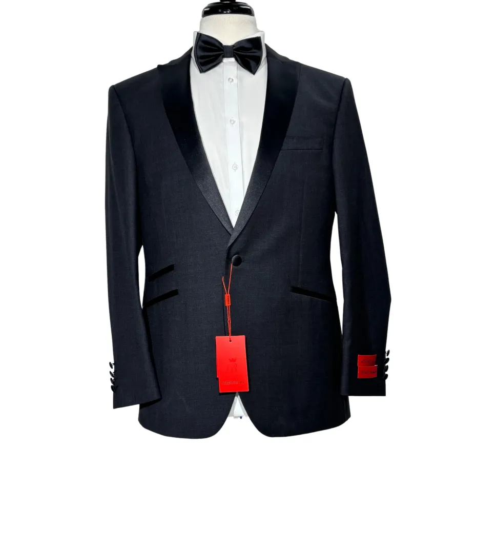 Napoli Mens Charcoal Textured Peak Lapel Classic Fit 1-Button Wool Cashmere Tuxedo with Ticket Pocket - 42S