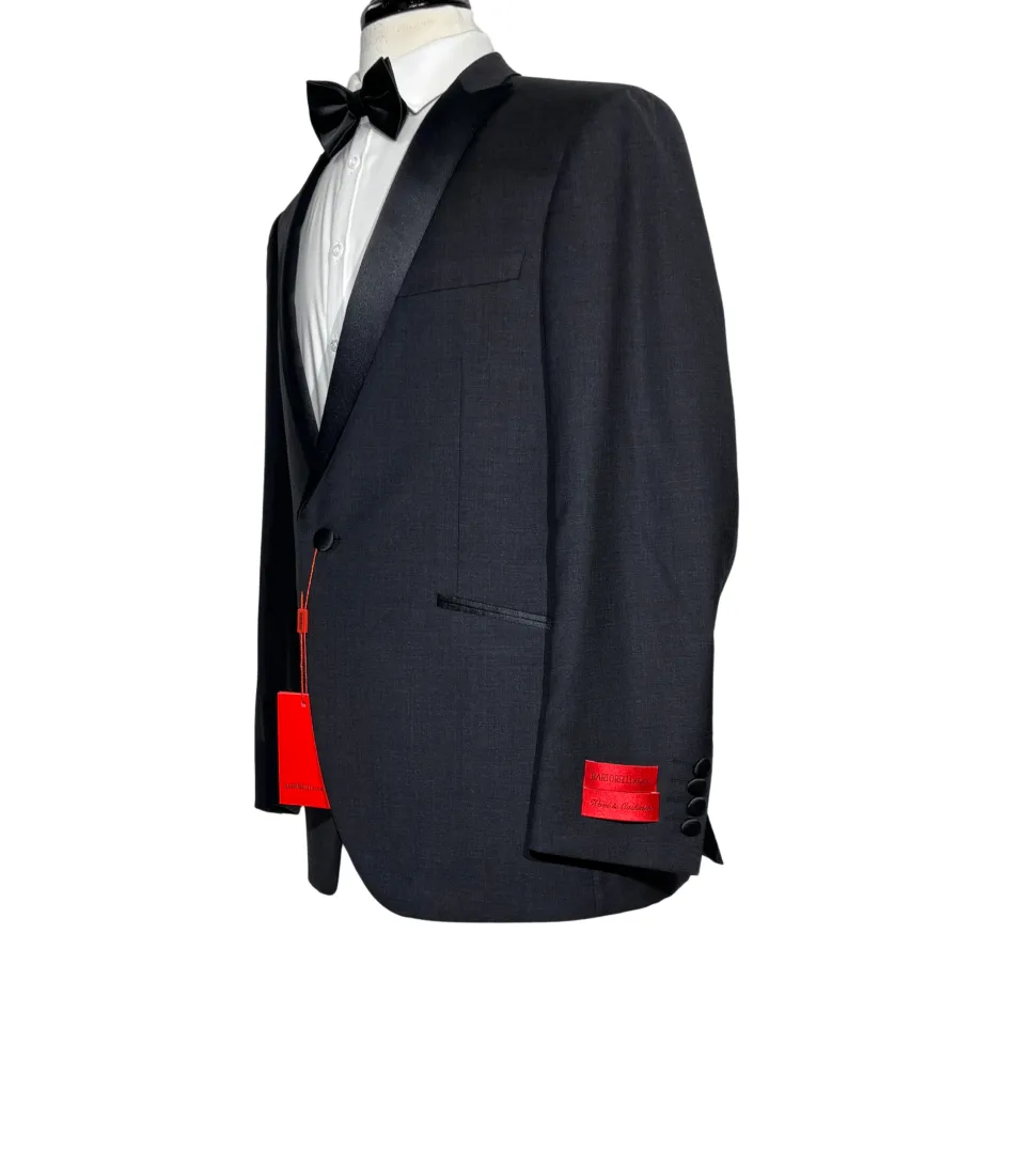 Napoli Mens Charcoal Textured Peak Lapel Classic Fit 1-Button Wool Cashmere Tuxedo with Ticket Pocket - 42S