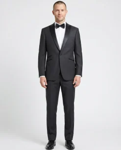 Napoli Mens Charcoal Textured Peak Lapel Classic Fit 1-Button Wool Cashmere Tuxedo with Ticket Pocket - 42S