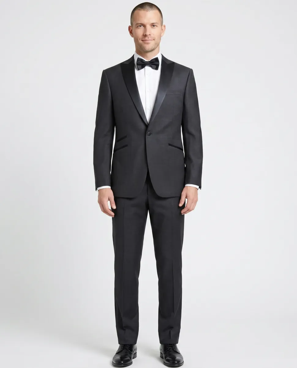 Napoli Mens Charcoal Textured Peak Lapel Classic Fit 1-Button Wool Cashmere Tuxedo with Ticket Pocket - 42S