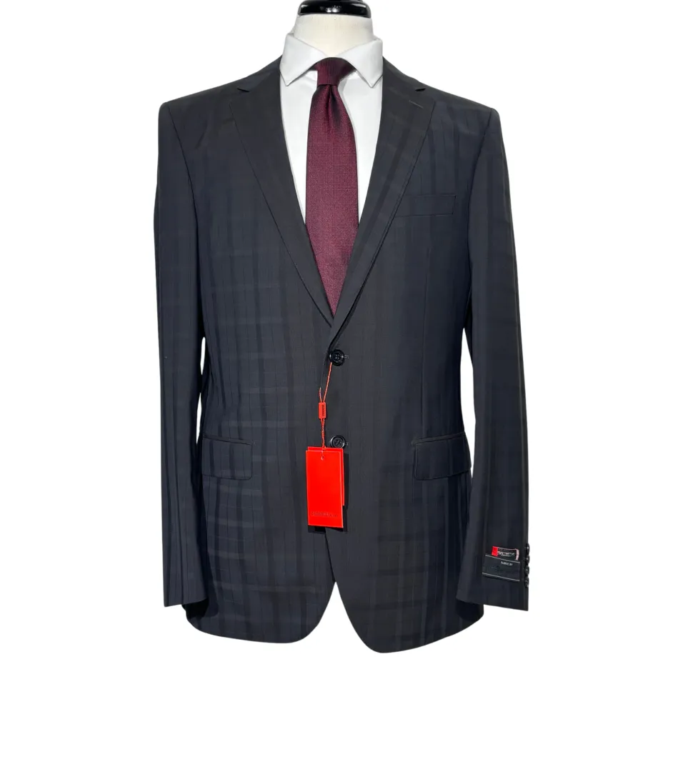 Napoli Mens Dark Charcoal Windowpane Notch Lapel Slim Fit 2-Button Wool Suit - 44L