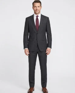 Napoli Mens Dark Charcoal Windowpane Notch Lapel Slim Fit 2-Button Wool Suit - 44L