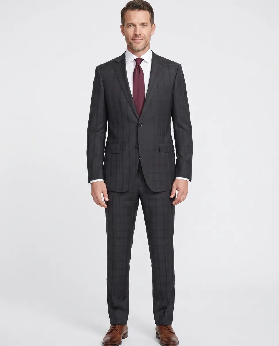 Napoli Mens Dark Charcoal Windowpane Notch Lapel Slim Fit 2-Button Wool Suit - 44L