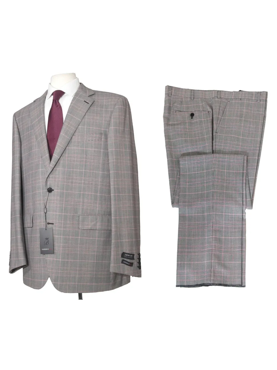 Napoli Mens 46L Black & White Plaid Super 150s Wool Classic Fit 2 Piece Suit