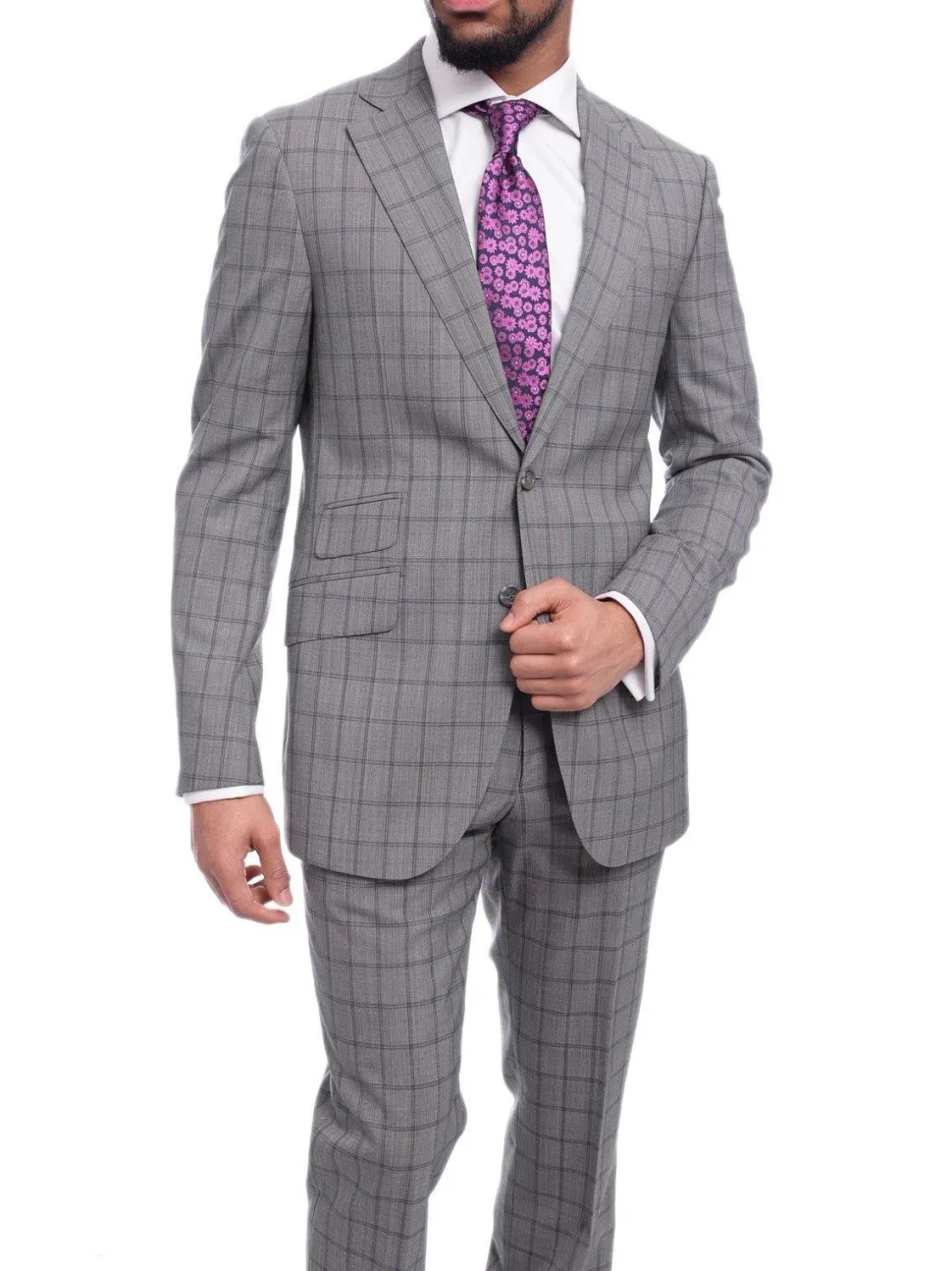 Napoli Mens 42L Gray Windowpane Check Slim Fit 2 Piece Suit