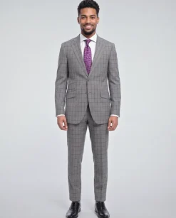 Napoli Mens 42L Gray Windowpane Check Slim Fit 2 Piece Suit