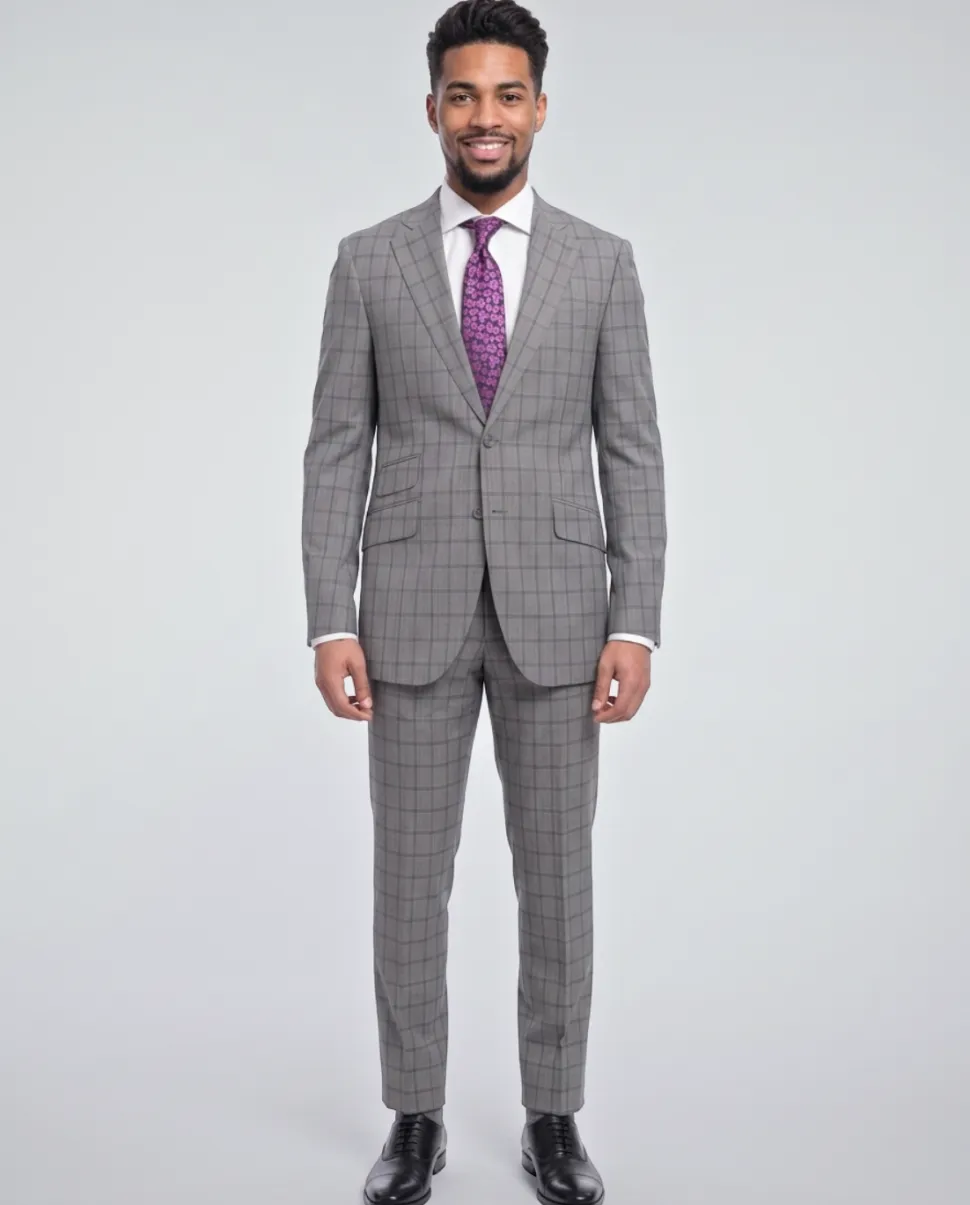 Napoli Mens 42L Gray Windowpane Check Slim Fit 2 Piece Suit