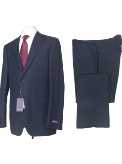 Napoli Mens 46L Navy Blue Plaid 100% Wool Slim Fit 2 Piece Suit