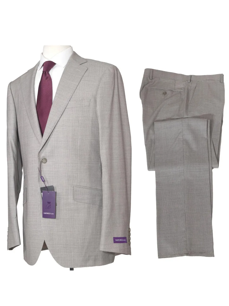Napoli Mens 42L Tan Houndstooth 100% Reda Wool Slim Fit 2 Piece Suit