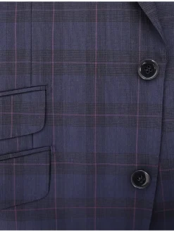 Napoli Mens Navy & Purple Plaid 100% Wool Slim Fit Suit With Peak Lapels