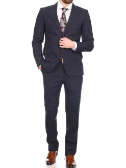 Napoli Mens Navy & Purple Plaid 100% Wool Slim Fit Suit With Peak Lapels