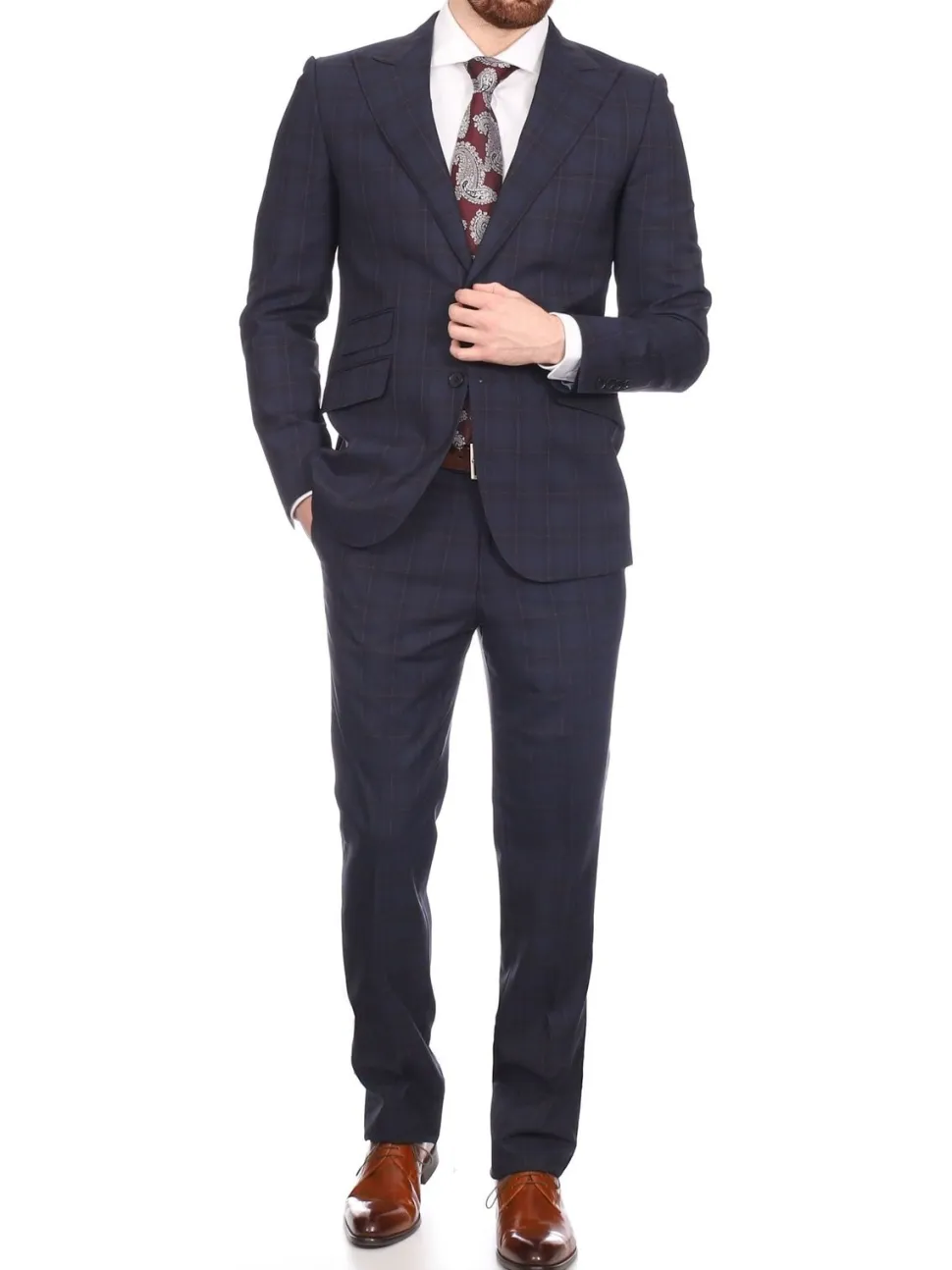Napoli Mens Navy & Purple Plaid 100% Wool Slim Fit Suit With Peak Lapels