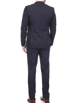 Napoli Mens Navy & Purple Plaid 100% Wool Slim Fit Suit With Peak Lapels
