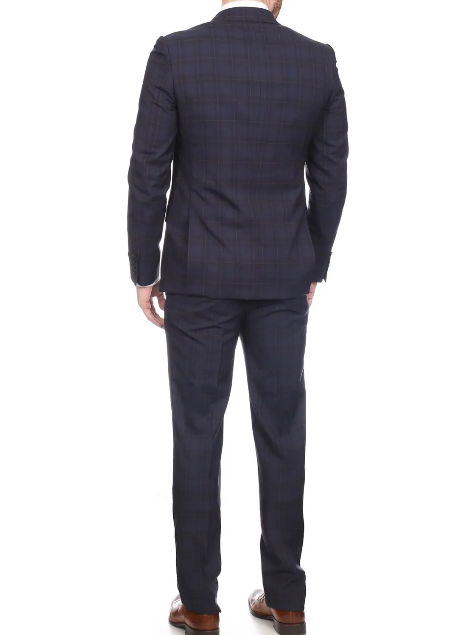 Napoli Mens Navy & Purple Plaid 100% Wool Slim Fit Suit With Peak Lapels