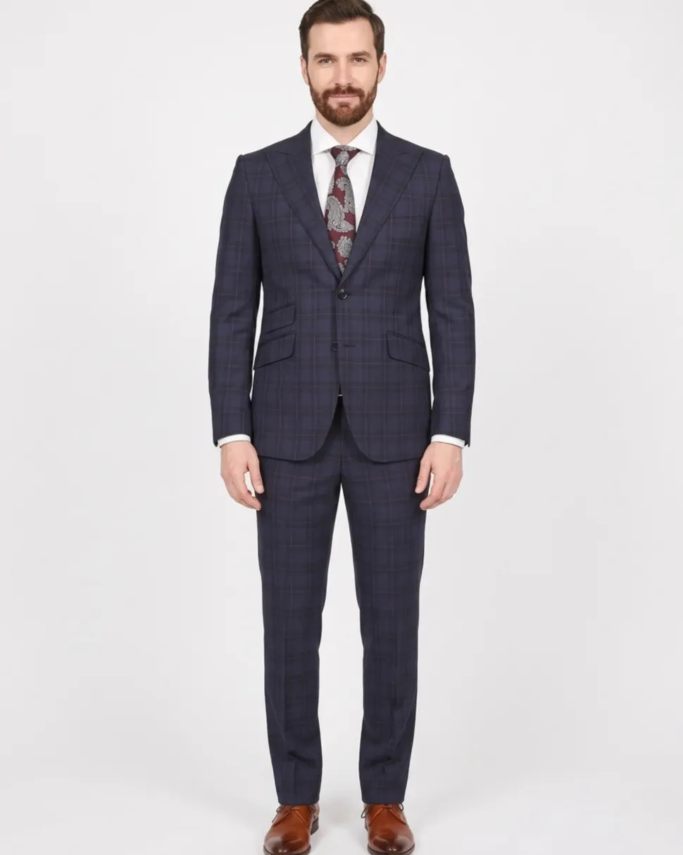 Napoli Mens Navy & Purple Plaid 100% Wool Slim Fit Suit With Peak Lapels