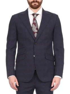 Napoli Mens Navy & Purple Plaid 100% Wool Slim Fit Suit With Peak Lapels