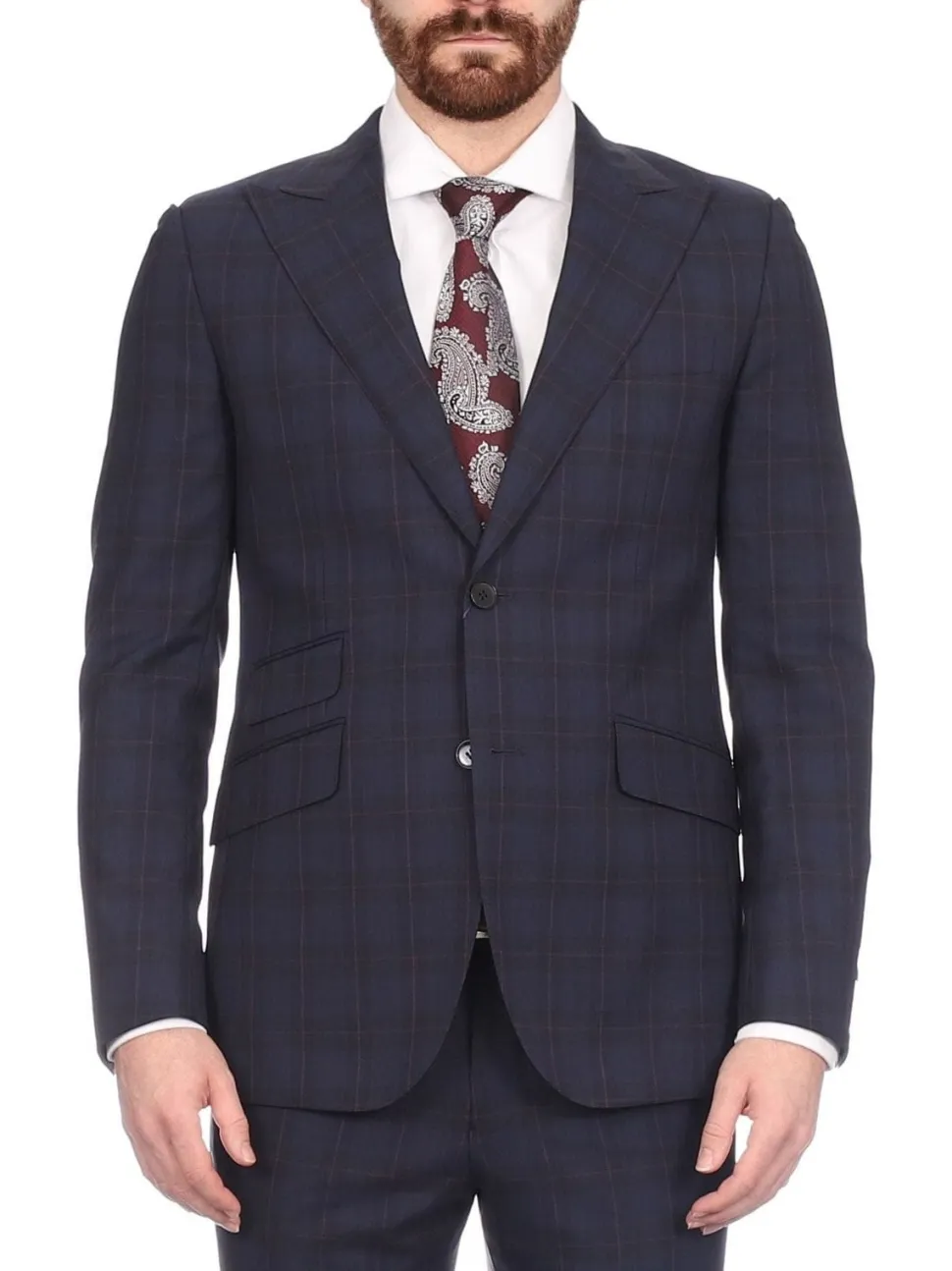 Napoli Mens Navy & Purple Plaid 100% Wool Slim Fit Suit With Peak Lapels