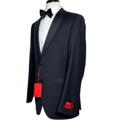 Napoli Mens Solid Black Notch Lapel Slim Fit 2-Button Wool Cashmere Tuxedo with Ticket Pocket - 42L