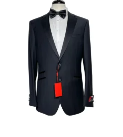 Napoli Mens Solid Black Notch Lapel Slim Fit 2-Button Wool Cashmere Tuxedo with Ticket Pocket - 42L