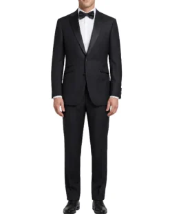 Napoli Mens Solid Black Notch Lapel Slim Fit 2-Button Wool Cashmere Tuxedo with Ticket Pocket - 42L