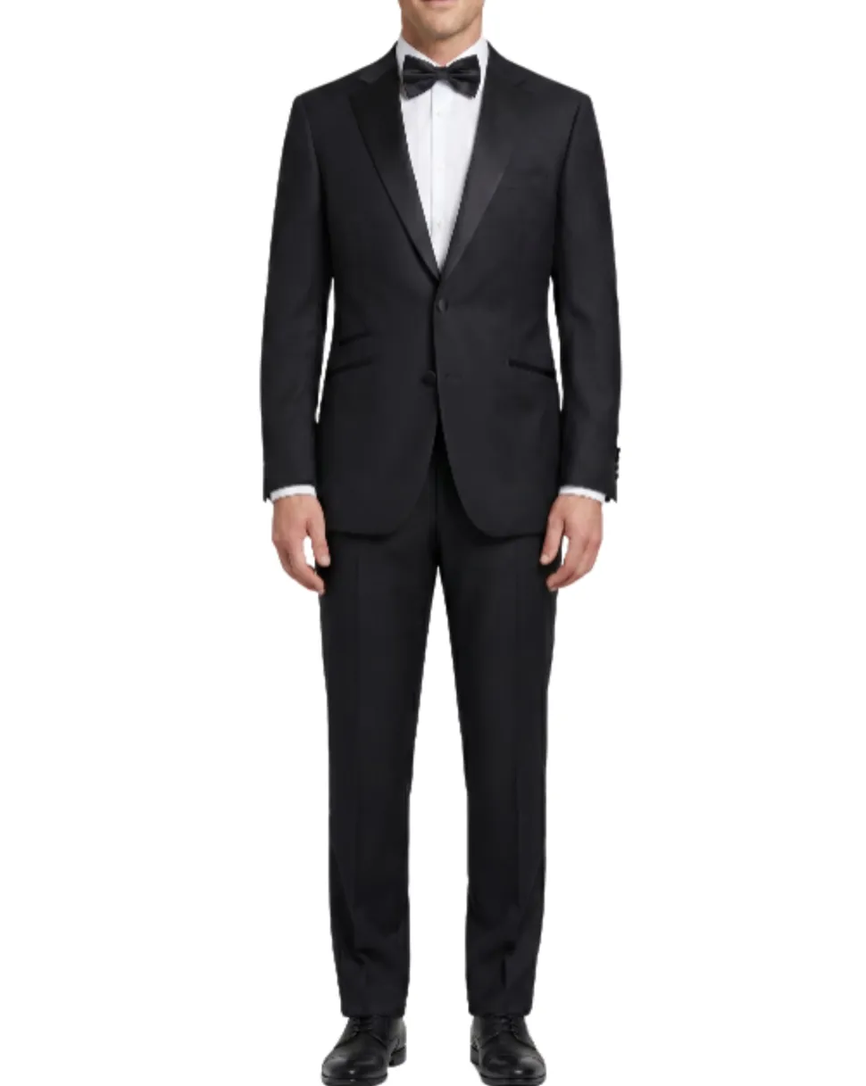 Napoli Mens Solid Black Notch Lapel Slim Fit 2-Button Wool Cashmere Tuxedo with Ticket Pocket - 42L