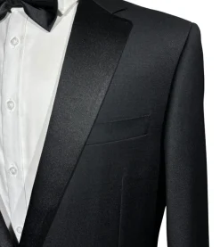 Napoli Mens Solid Black Notch Lapel Slim Fit 2-Button Wool Cashmere Tuxedo with Ticket Pocket - 42L