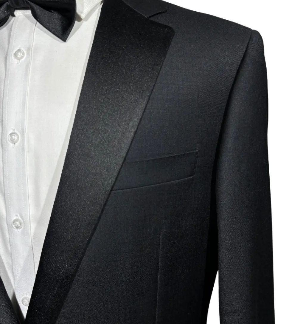 Napoli Mens Solid Black Notch Lapel Slim Fit 2-Button Wool Cashmere Tuxedo with Ticket Pocket - 42L