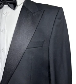 Napoli Mens Solid Black Satin Peak Lapel Classic Fit 1-Button Wool Cashmere Tuxedo - 42L