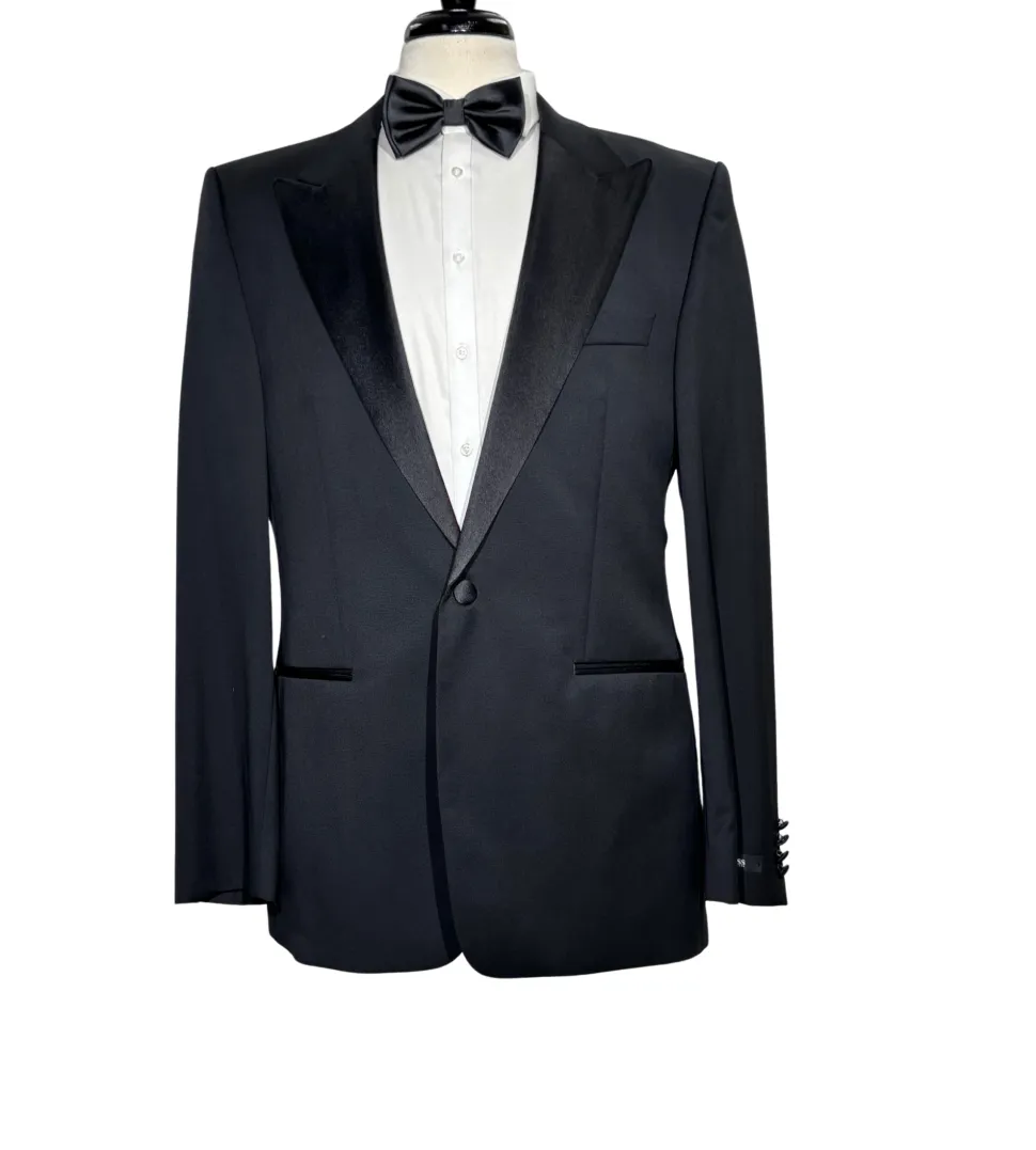 Napoli Mens Solid Black Satin Peak Lapel Classic Fit 1-Button Wool Cashmere Tuxedo - 42L