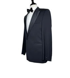 Napoli Mens Solid Black Satin Peak Lapel Classic Fit 1-Button Wool Cashmere Tuxedo - 42L