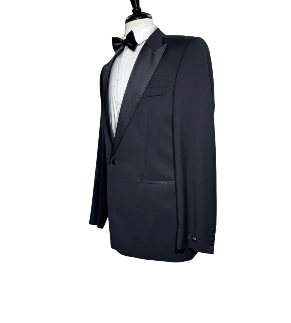 Napoli Mens Solid Black Satin Peak Lapel Classic Fit 1-Button Wool Cashmere Tuxedo - 42L