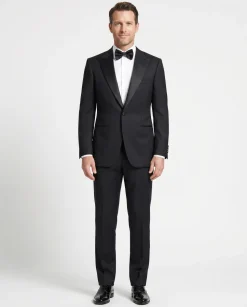 Napoli Mens Solid Black Satin Peak Lapel Classic Fit 1-Button Wool Cashmere Tuxedo - 42L