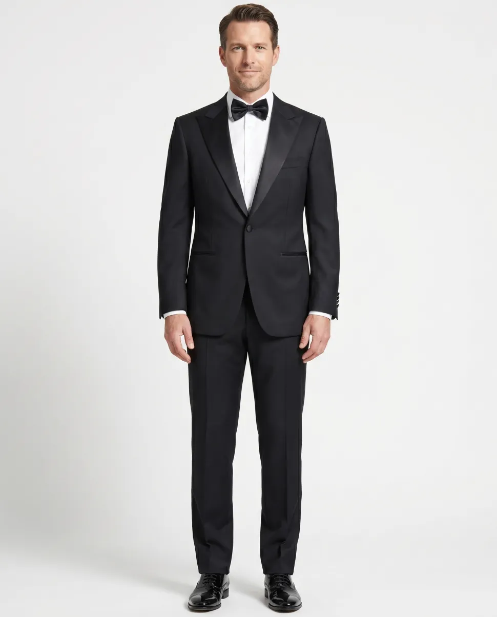 Napoli Mens Solid Black Satin Peak Lapel Classic Fit 1-Button Wool Cashmere Tuxedo - 42L