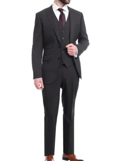 Napoli Mens Solid Charcoal Marzotto 100% Wool Slim Fit 3 Piece Suit