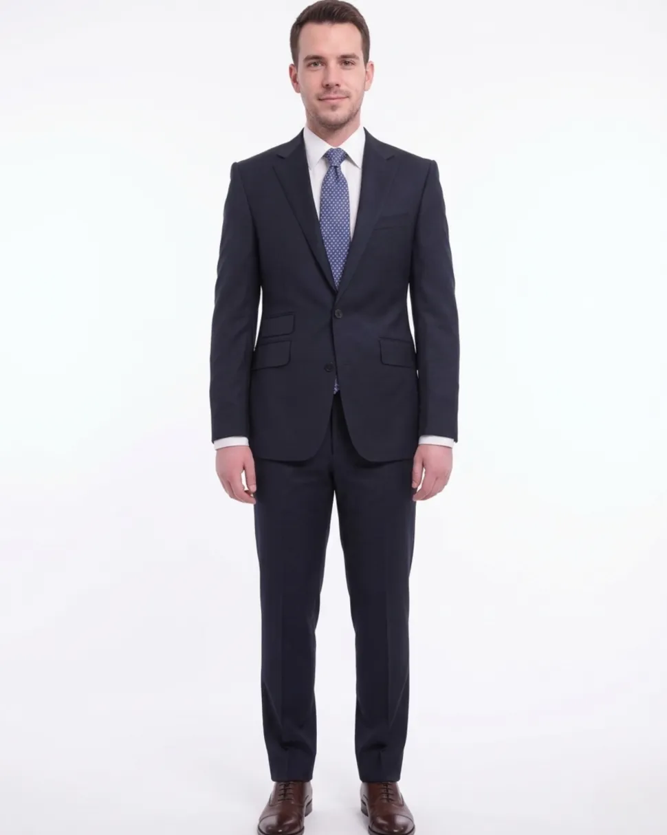 Napoli Mens Solid Navy Blue Slim Fit Half Canvassed 2 Piece Wool Cashmere Suit