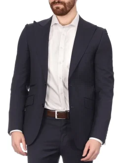 Napoli Mens Solid Navy 100% Wool Slim Fit Suit With Peak Lapels