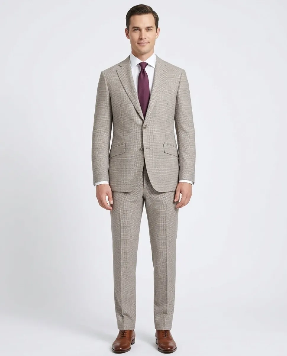 Napoli Mens Tan Houndstooth 100% Reda Wool Slim Fit 2 Piece Suit