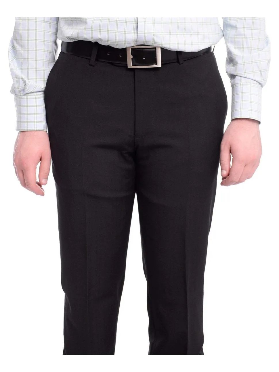 Napoli Slim Fit Black Subtle Tonal Plaid Flat Front Wool Dress Pants