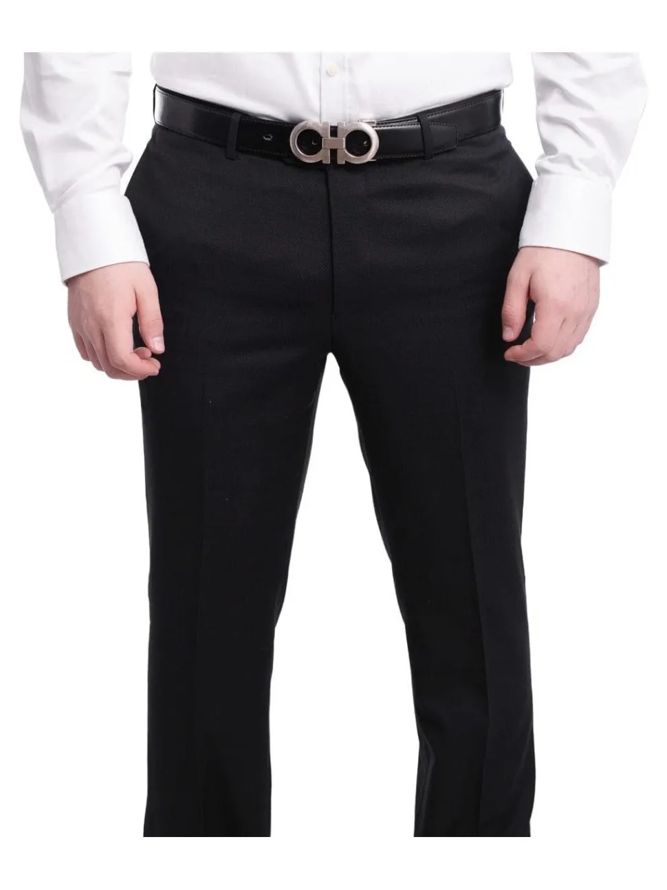 Napoli Slim Fit Black Textured Flat Front Wool Dress Pants