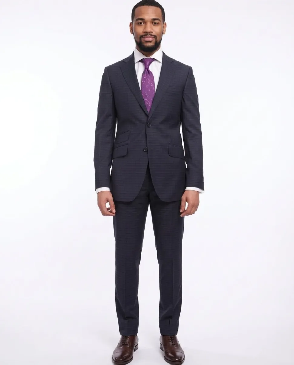 Napoli Slim Fit Blue & Black Check Two Button Half Canvassed Wool Suit