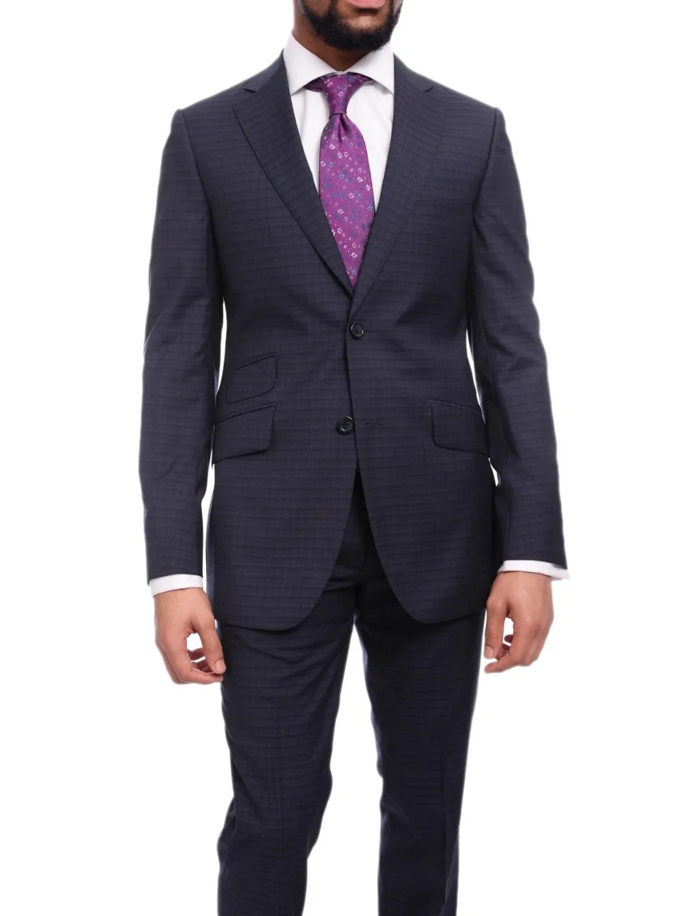 Napoli Slim Fit Blue & Black Check Two Button Half Canvassed Wool Suit