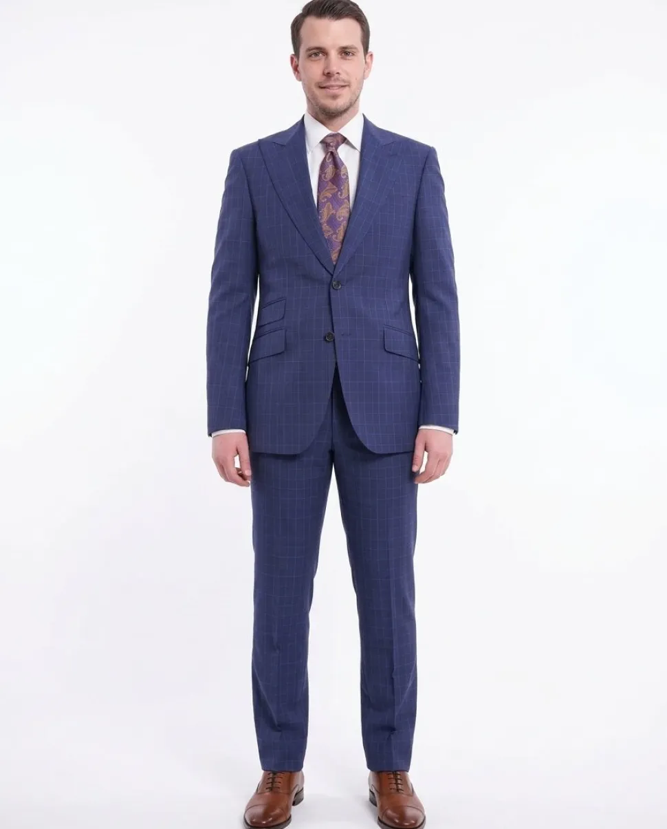 Napoli Slim Fit Blue Glen Plaid Half Canvassed Wool Suit Wide Peak Lapels