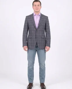 Napoli Slim Fit Blue & Gray Plaid Half Canvassed Silk Wool Blazer Sportcoat