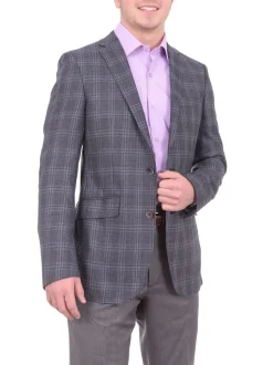 Napoli Slim Fit Blue & Gray Plaid Half Canvassed Silk Wool Blazer Sportcoat