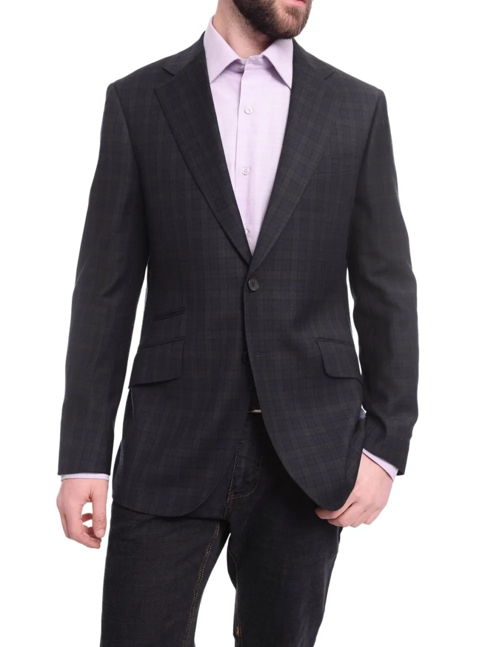 Napoli Slim Fit Blue & Green Plaid Half Canvassed Wool Blazer Sportcoat