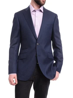 Napoli Slim Fit Blue Houndstooth Half Canvassed Vbc Wool Silk Blazer Sportcoat