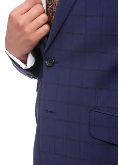Napoli Slim Fit Blue Plaid Windowpane Two Button Half Canvassed 100% Wool Suit