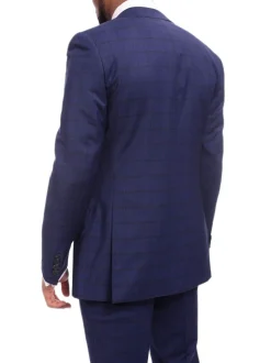 Napoli Slim Fit Blue Plaid Windowpane Two Button Half Canvassed 100% Wool Suit